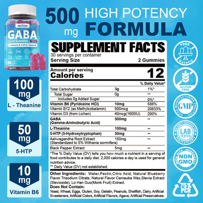 Nextdia GABA Gummies 500mg – Sugar-Free Calm Gummies with L-Theanine, 5-HTP, D3, B12 (Vegan, Blueberry)