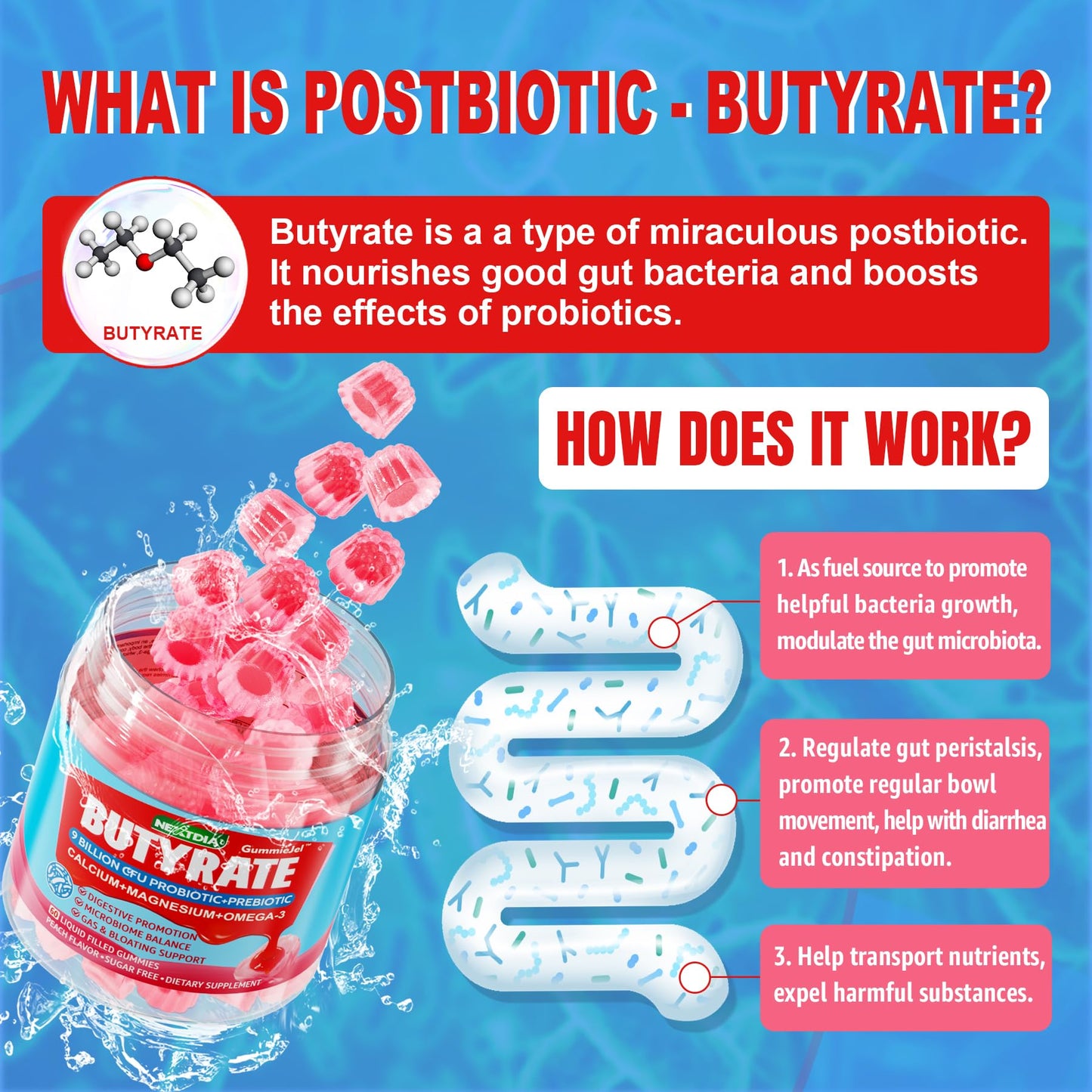 Nextdia Butyrate Gummies with Probiotics, Prebiotics & Omega-3 – Sugar Free