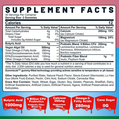 Nextdia Butyrate Gummies with Probiotics, Prebiotics & Omega-3 – Sugar Free