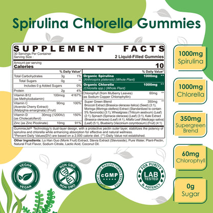 Nextdia (2 Pack) Organic Spirulina + Chlorella Gummies – Vegan Protein & Supergreens