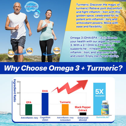 Nextdia Vegan Omega-3 Gummies 1000mg + Turmeric | Algae DHA 600mg & EPA 300mg, Sugar Free, 120 Gummies