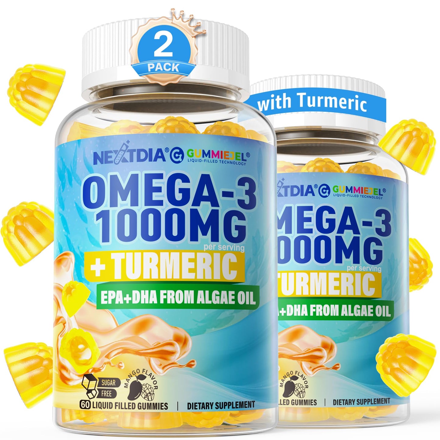 Nextdia Vegan Omega-3 Gummies 1000mg + Turmeric | Algae DHA 600mg & EPA 300mg, Sugar Free, 120 Gummies