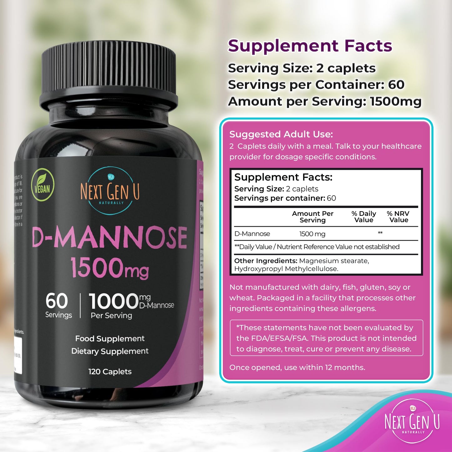 D Mannose 1500 mg – 120 Vegan Caplets | Urinary Health | NextGenU