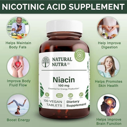 Natural Nutra Niacin Supplement 100 mg – Energy, Digestion, Skin Health | Non-GMO, Gluten-Free | 100 Tablets