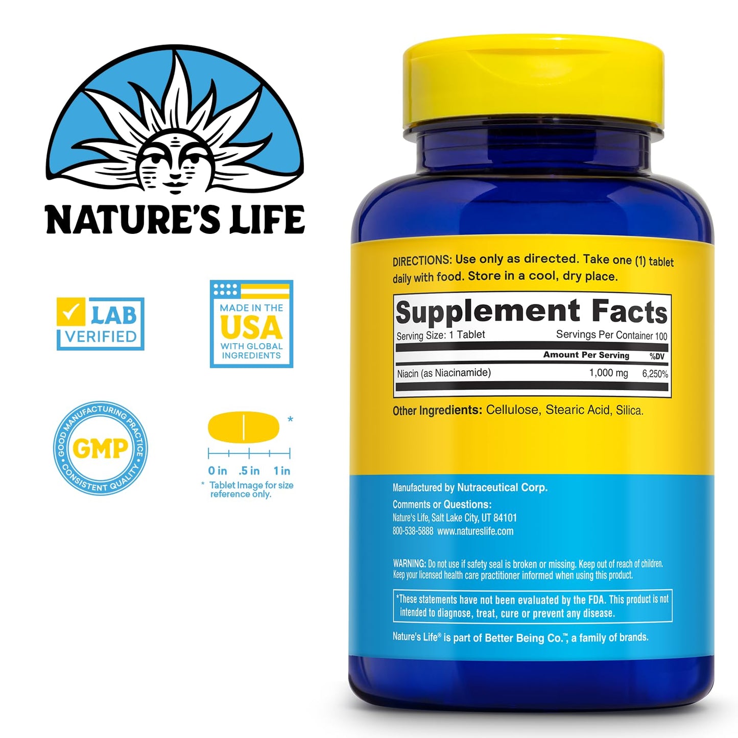 Nature's Life Niacinamide 1000mg No-Flush Niacin – B3 for Nerve, Energy & Metabolism | 60-Day Guarantee | 100 Servings