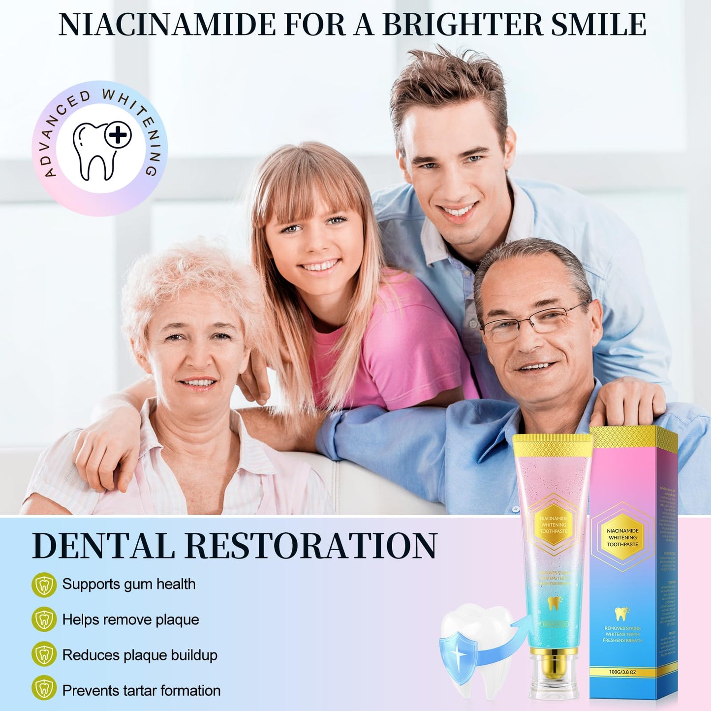 Niacinamide Whitening Toothpaste, Nicotinamide White Toothpaste, Gentle Care Deep Stain Removal, Improves Gum Health, Protects Tooth Enamel, Fresh Breath
