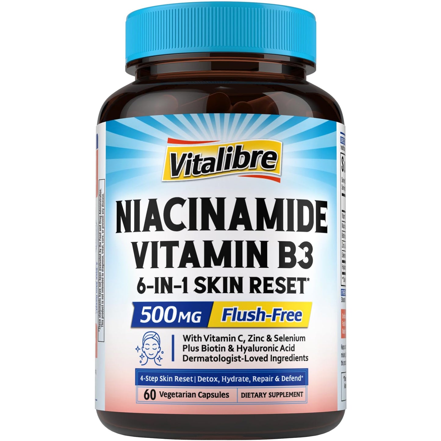 Niacinamide Vitamin B3 500mg No-Flush – 6-in-1 Skin Reset Formula with Zinc, Selenium, Biotin, Hyaluronic Acid - 60 Vegan Caps