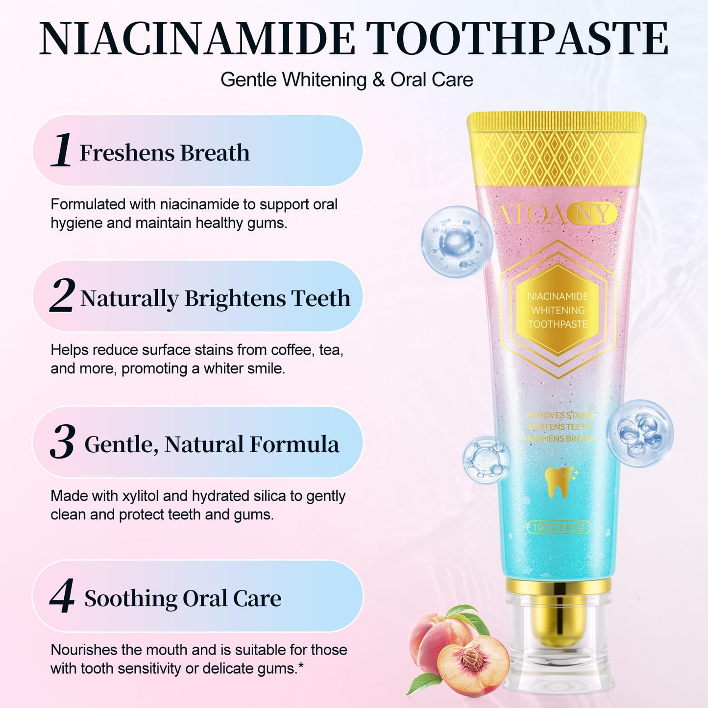 Niacinamide Whitening Toothpaste – Intensive Triple Whitening for Deep Stains, Enamel-Safe, Mint-Peach Flavor, 3.5oz