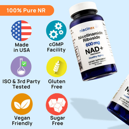 Niacinex NAD+ NR Supplement - 600mg Nicotinamide Riboside - Healthy Aging, Clarity & Energy - 60 Capsules - Made in USA