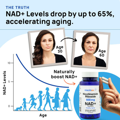 Niacinex NAD+ NR Supplement - 600mg Nicotinamide Riboside - Healthy Aging, Clarity & Energy - 60 Capsules - Made in USA