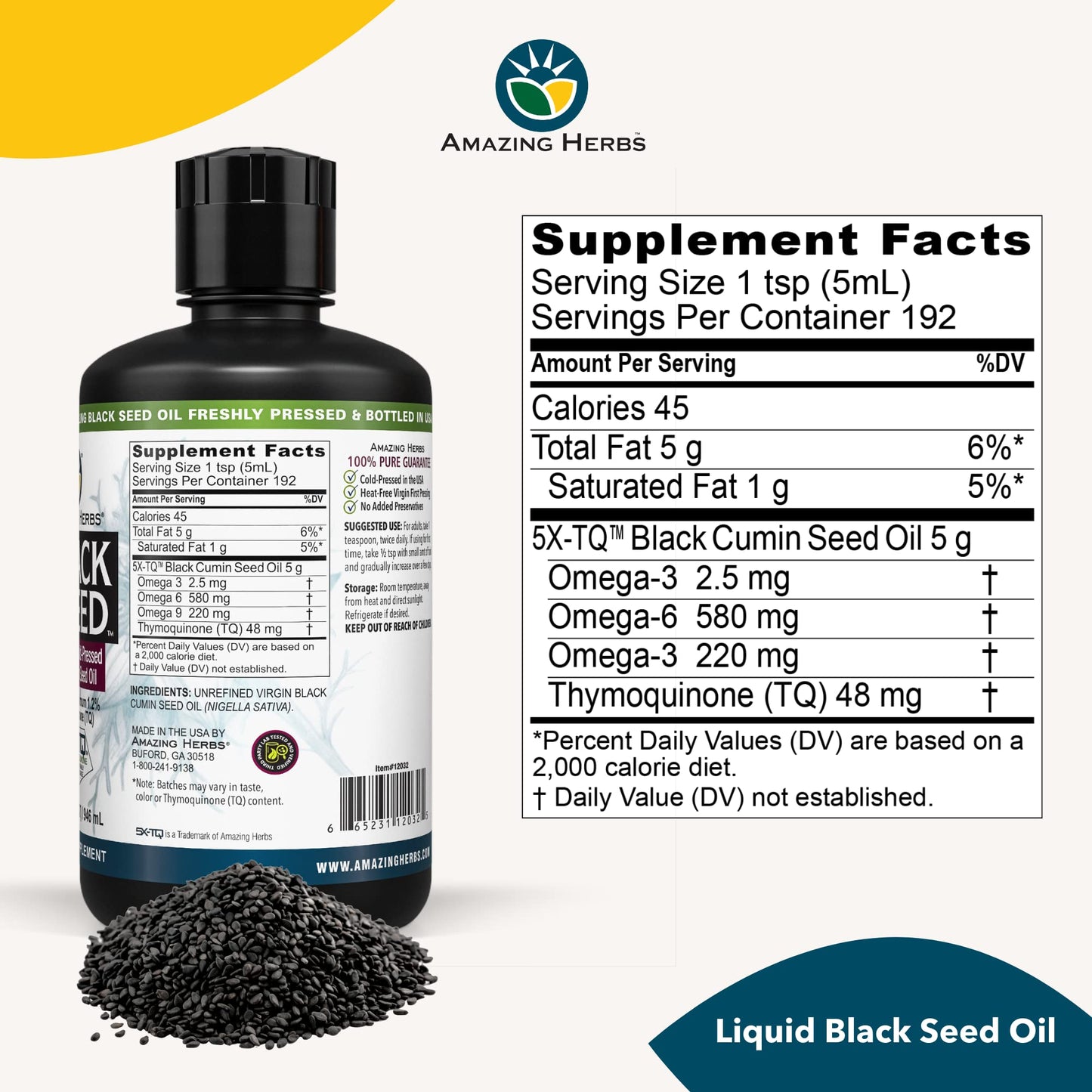 Amazing Herbs Premium Black Seed Oil – Cold-Pressed Nigella Sativa, 32 oz (Pack of 2)
