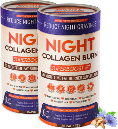 Night Collagen Burn by Skinny Coffee SuperBoost | Sleep Support, Metabolism & Cravings Control | 60 Servings