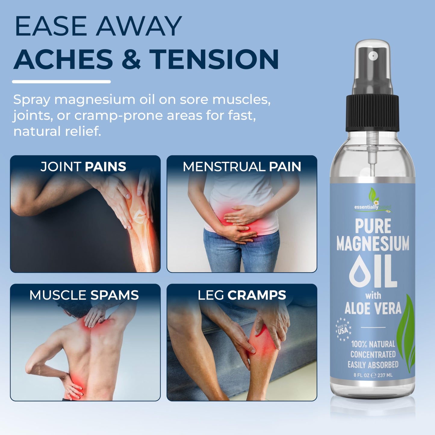 Pure Magnesium Oil Spray with Aloe Vera 8oz - Topical Magnesium Spray - Less Itchy - 100% Organic Oil - Made in USA