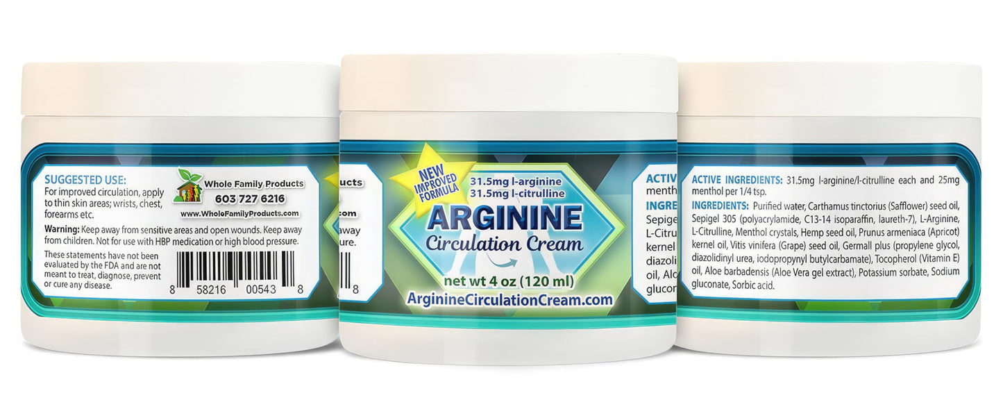 Arginine Circulation Cream 4 oz - Menthol, L Arginine & L Citrulline Lotion | Supports Healthy Leg & Body Blood Flow