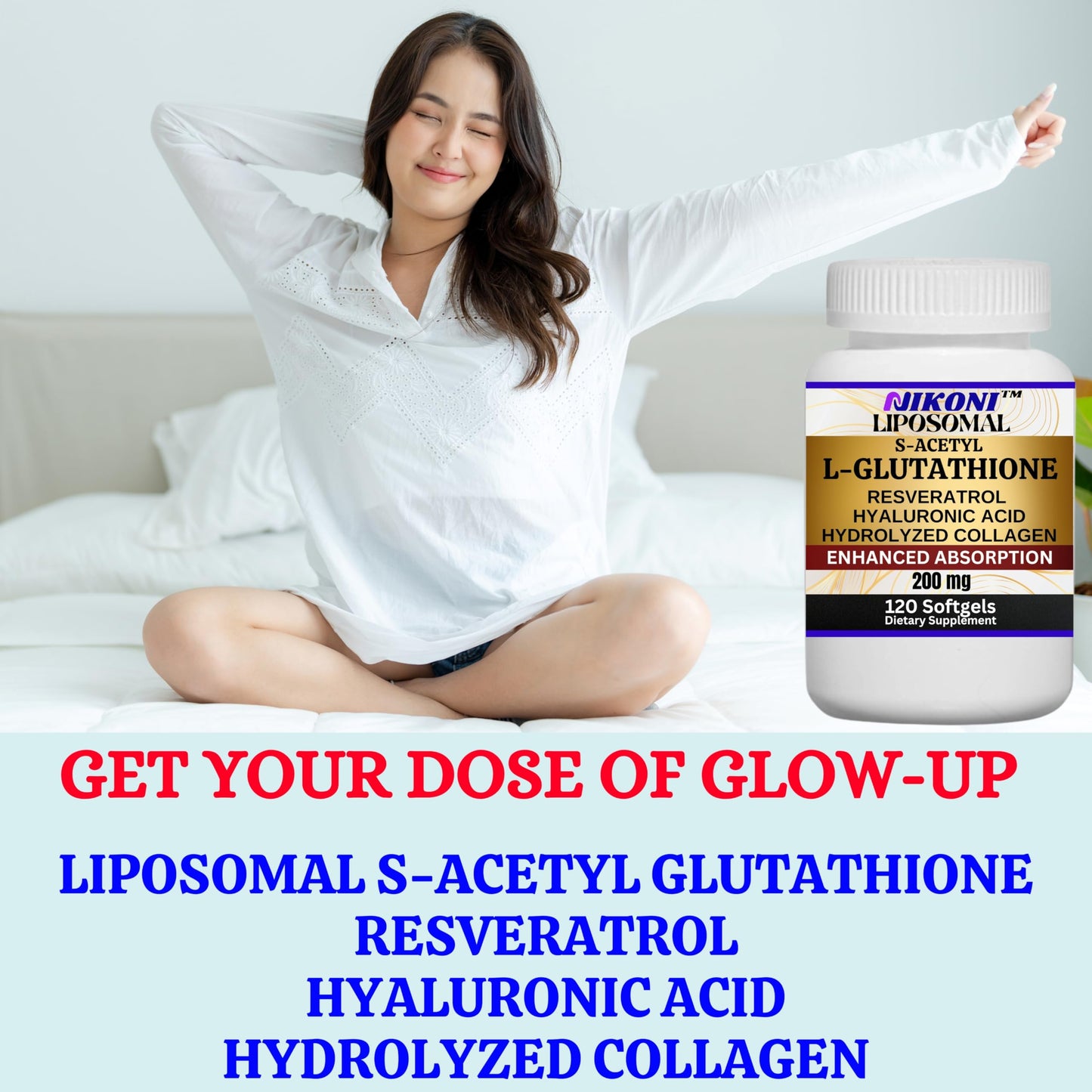 Nikoni Liposomal S-Acetyl L-Glutathione, Resveratrol, HA & Collagen - 500 mg