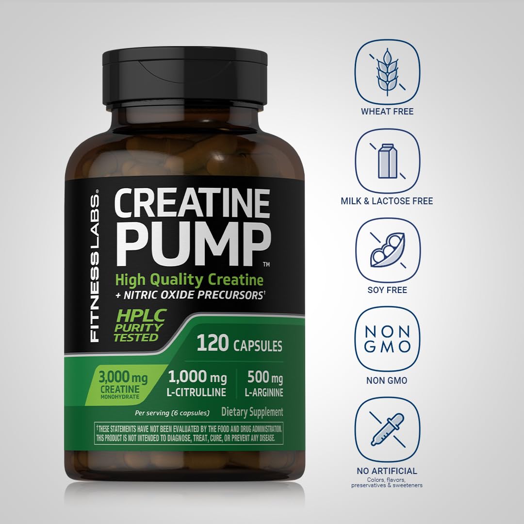Fitness Labs Creatine Capsules | 120 Count, 3000mg Creatine Monohydrate, Pump & NO Precursor | HPLC Tested | Non-GMO