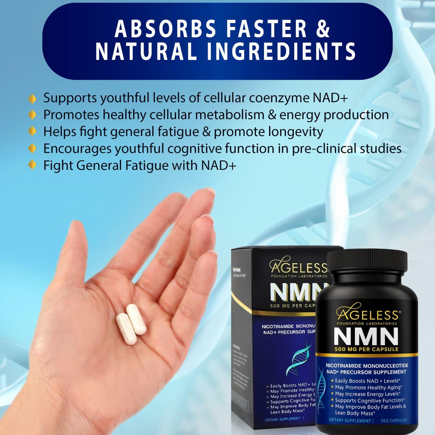 NMN Supplement 500mg Nicotinamide Mononucleotide | Supports NAD+ Levels, Energy, Cognitive Function, Muscle Health & Healthy Body Composition – Capsules (30)