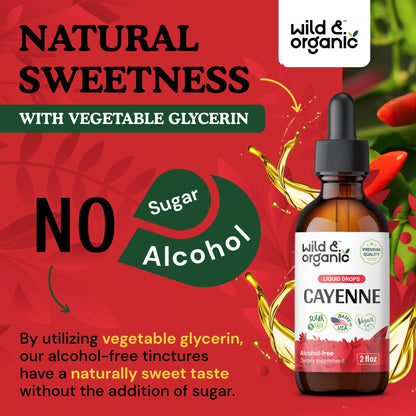 Wild & Organic Cayenne Pepper Tincture - Digestive Support, Alcohol-Free Drops, 2 fl oz