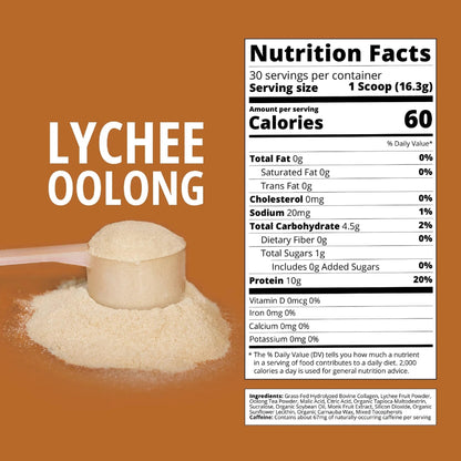 Boba Tea Protein Lychee Oolong Collagen | 30 Servings | Grass-Fed Hydrolyzed Bovine Collagen Powder