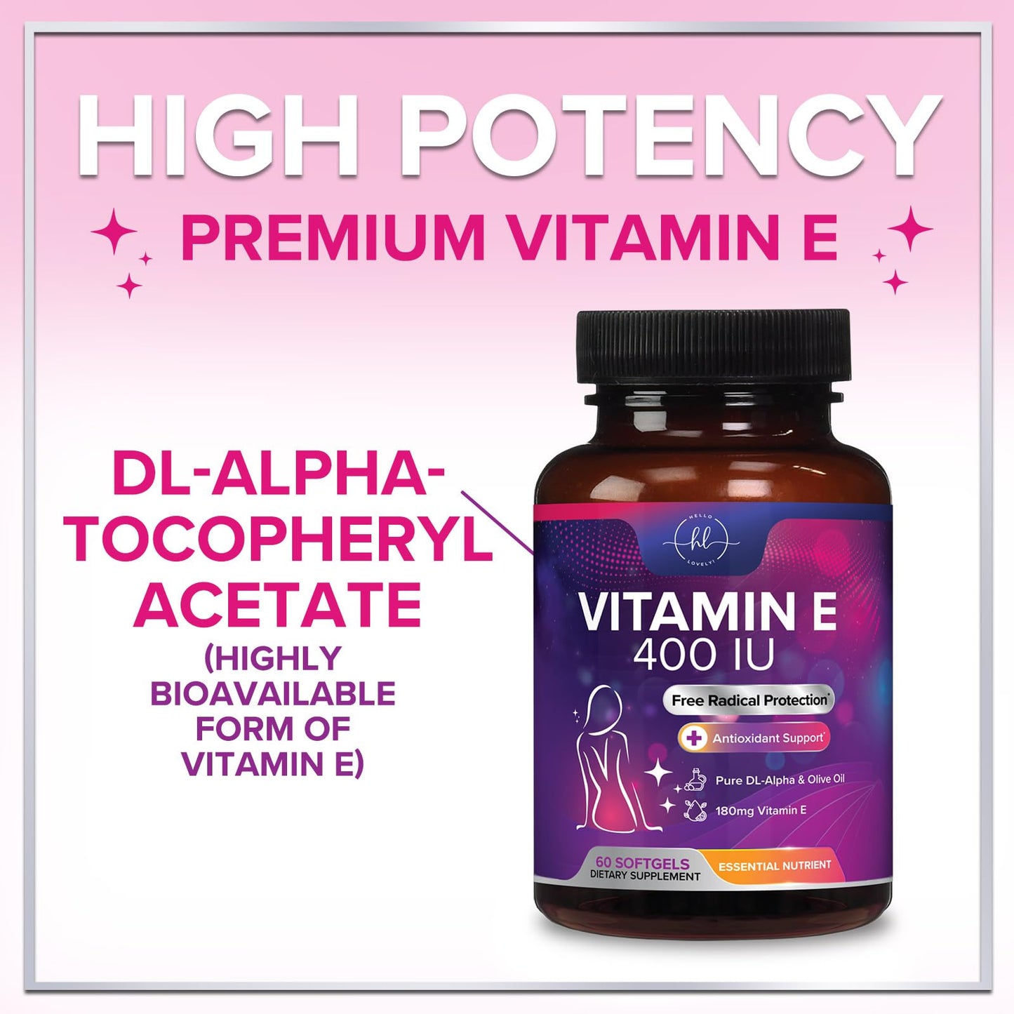 Vitamin E 400 IU (180 mg) – Hair & Skin Support, Immune Health – Non-GMO, Gluten Free | 60 Softgels