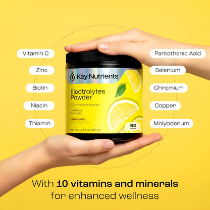 KEY NUTRIENTS Multivitamin Electrolytes Powder No Sugar – Lemonade Hydration, 90 Servings, Made in USA