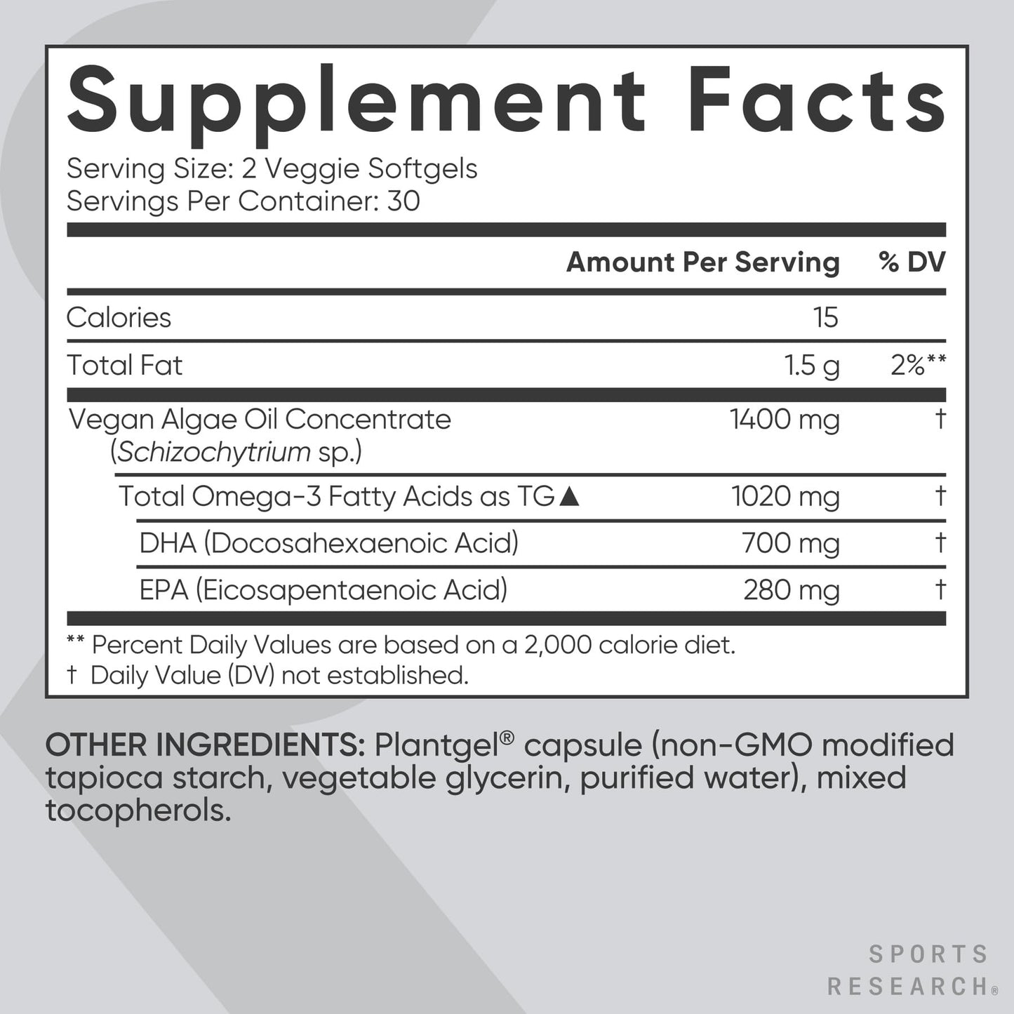 Sports Research Vegan Omega-3 Algae Oil – High DHA & EPA, 60 Softgels