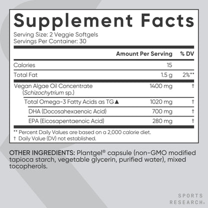 Sports Research Vegan Omega-3 Algae Oil – High DHA & EPA, 60 Softgels