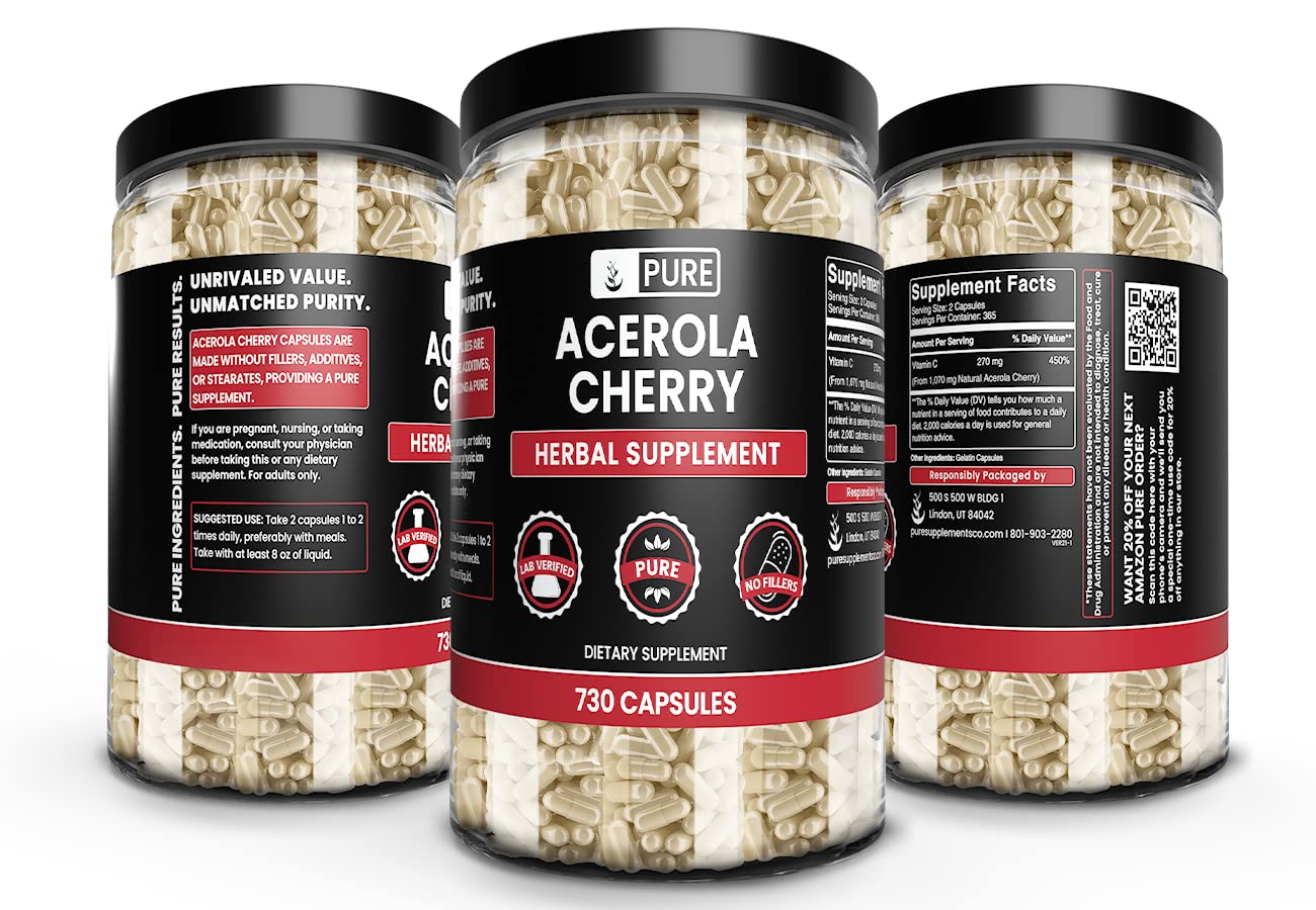 Pure Original Acerola Cherry Capsules (730) – No Magnesium Or Rice Fillers, Always Pure, Lab Verified