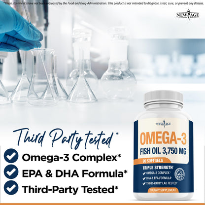NEW AGE Triple Strength Omega 3 Fish Oil 3750 mg – 1350 mg EPA + 900 mg DHA | 270 Softgels