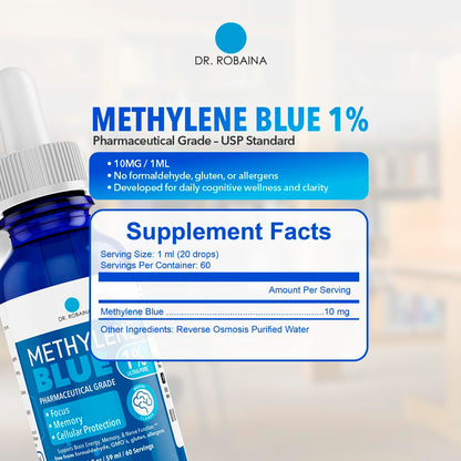 Dr. Robaina Methylene Blue 1% USP Grade – Focus & Mental Clarity Drops (2 oz, USA)