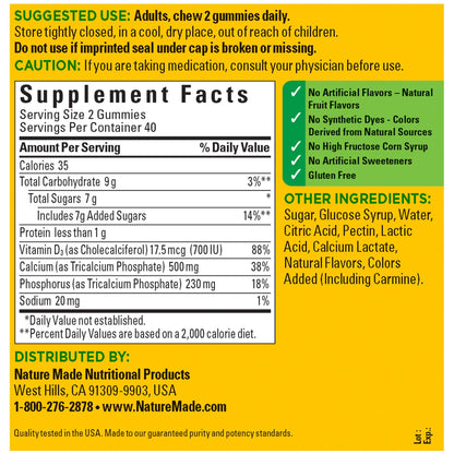 Nature Made Calcium Gummies 500 mg + Vitamin D3 – 80 Gummies, 40 Day Supply