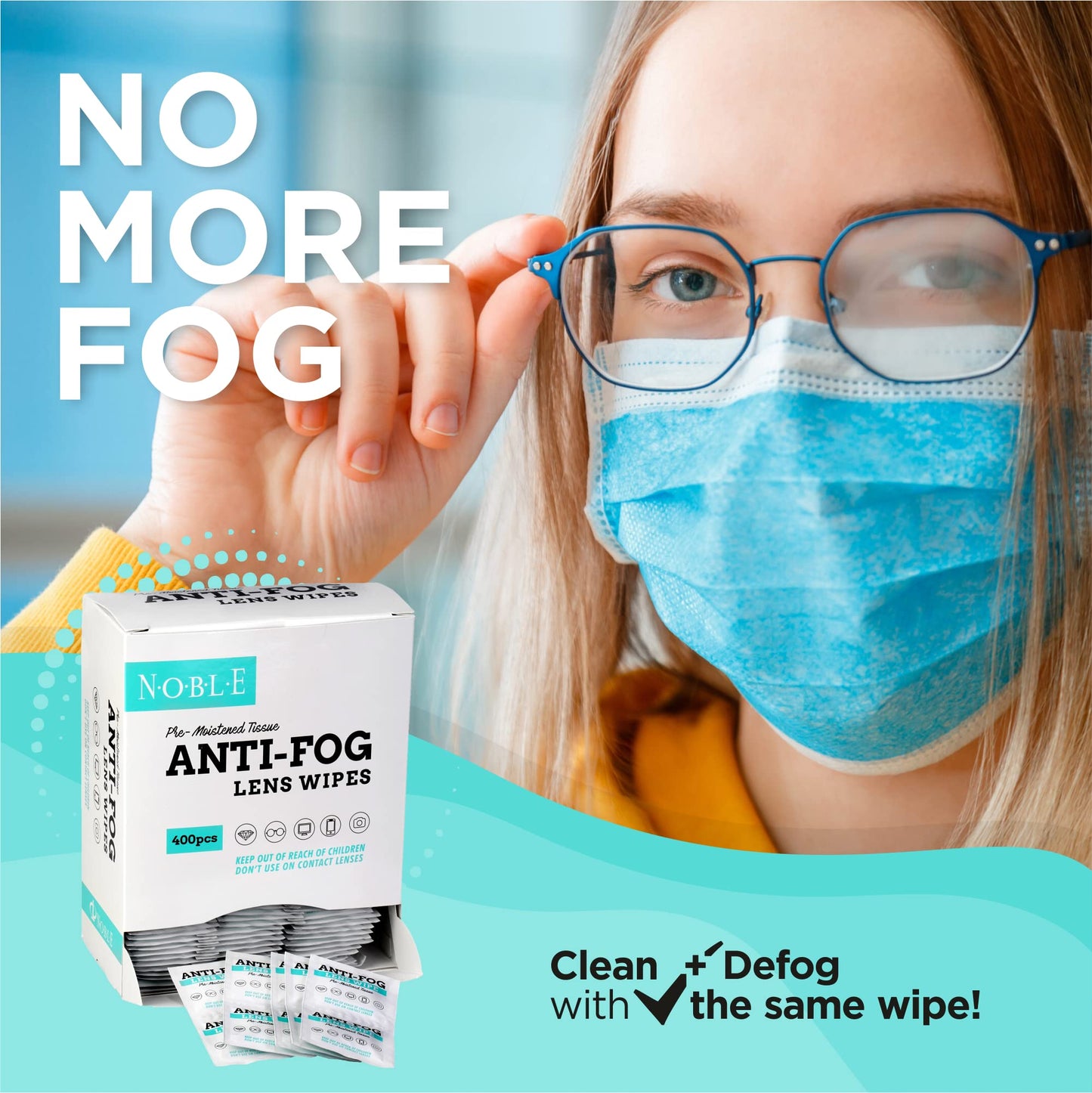 Noble Anti-Fog Pre-Moistened Wipes – Lens & Screen Cleaner, 5”x6” (400)