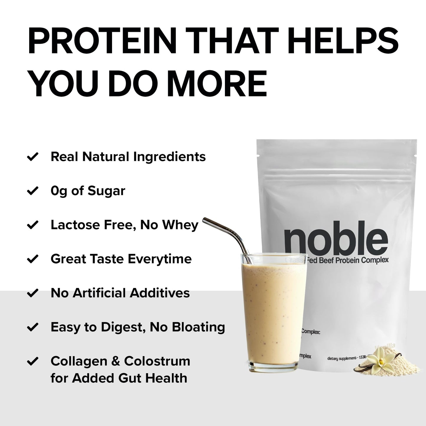 Noble Grass-Fed Beef Protein Powder with Collagen & Colostrum – Vanilla, 30 Servings | Keto & Gluten-Free