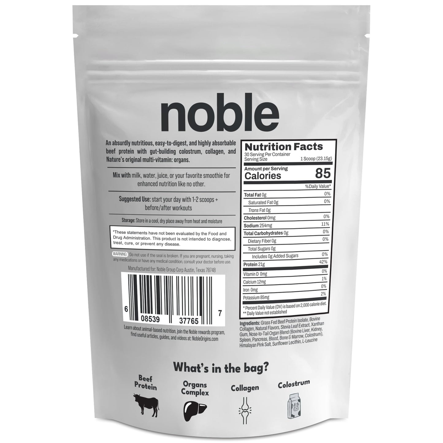 Noble Grass-Fed Beef Protein Powder with Collagen & Colostrum – Vanilla, 30 Servings | Keto & Gluten-Free
