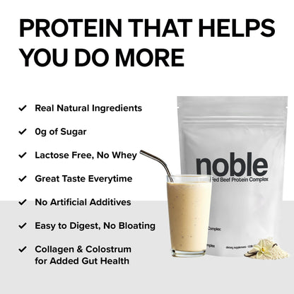 Noble Grass-Fed Beef Protein Powder with Collagen & Colostrum – Vanilla, 30 Servings | Keto & Gluten-Free