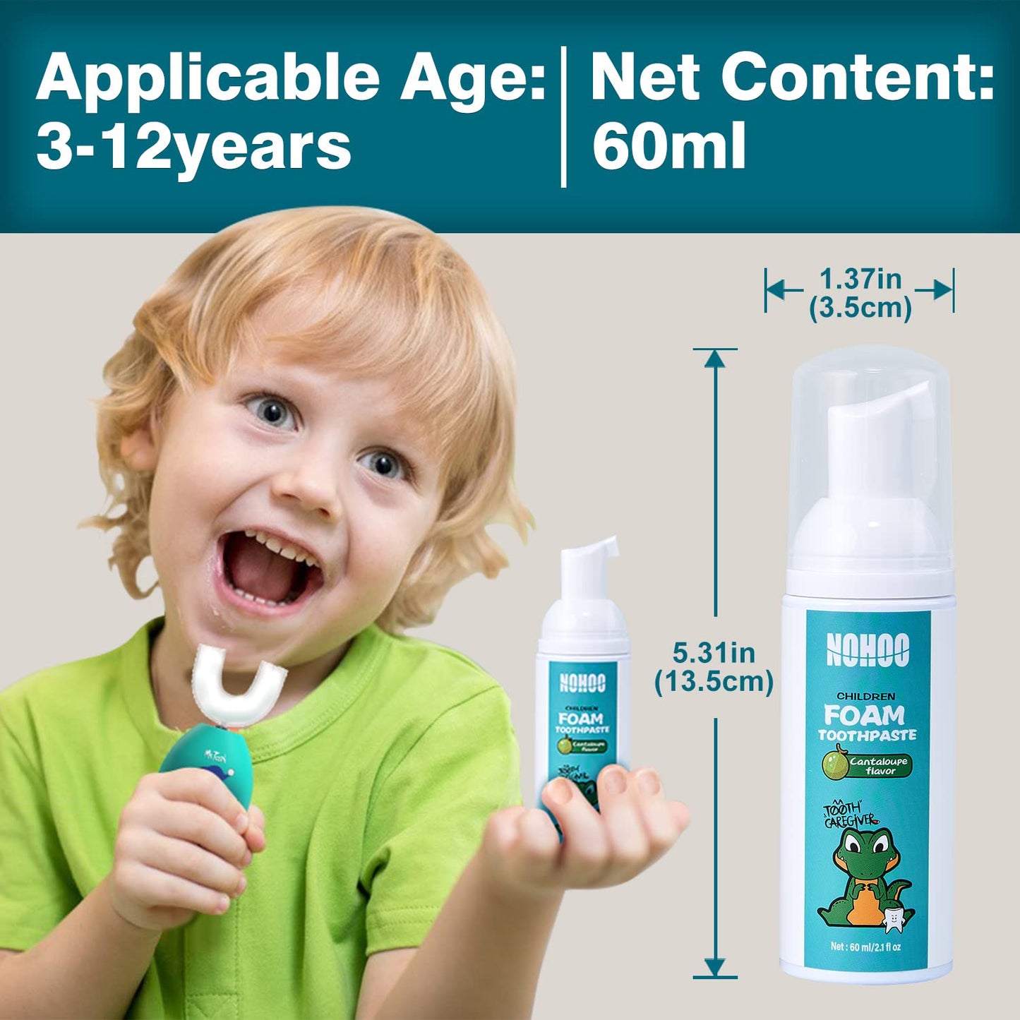 NOHOO Fluoride Free Foam Toothpaste for Kids – Cantaloupe Flavor (2 Pack)