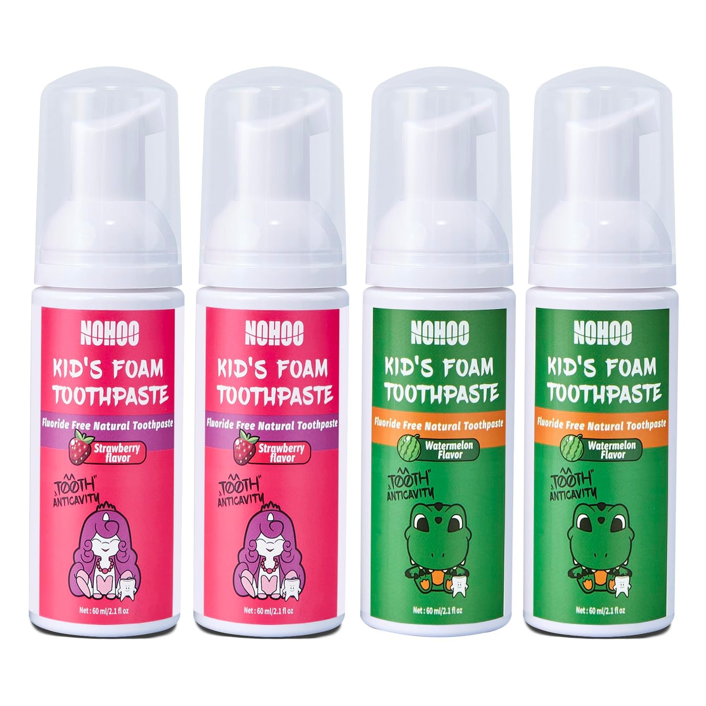 NOHOO Fluoride-Free Foam Toothpaste for Kids – 2 Strawberry + 2 Watermelon (60ml)
