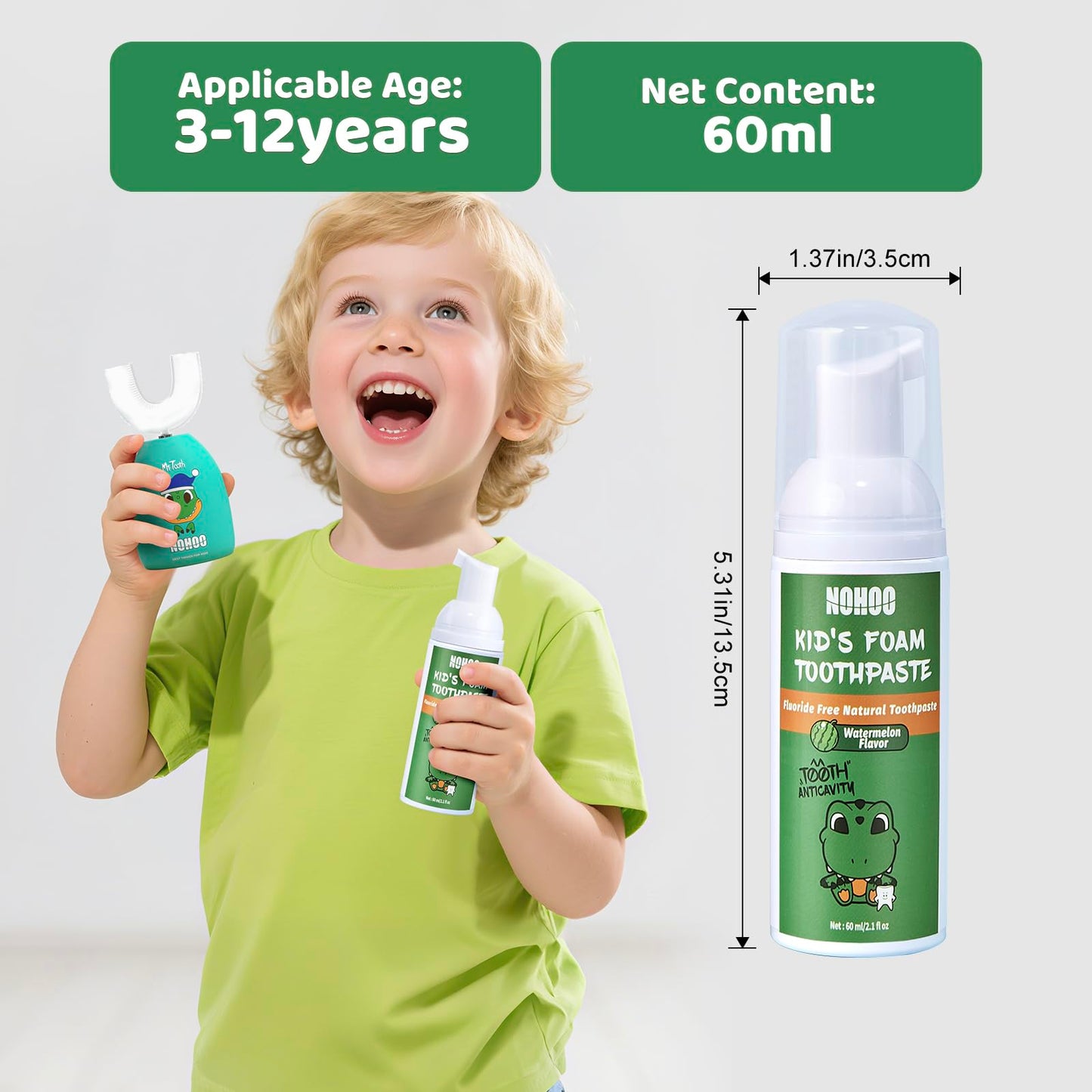 NOHOO Fluoride-Free Foam Toothpaste for Kids – 2 Strawberry + 2 Watermelon (60ml)