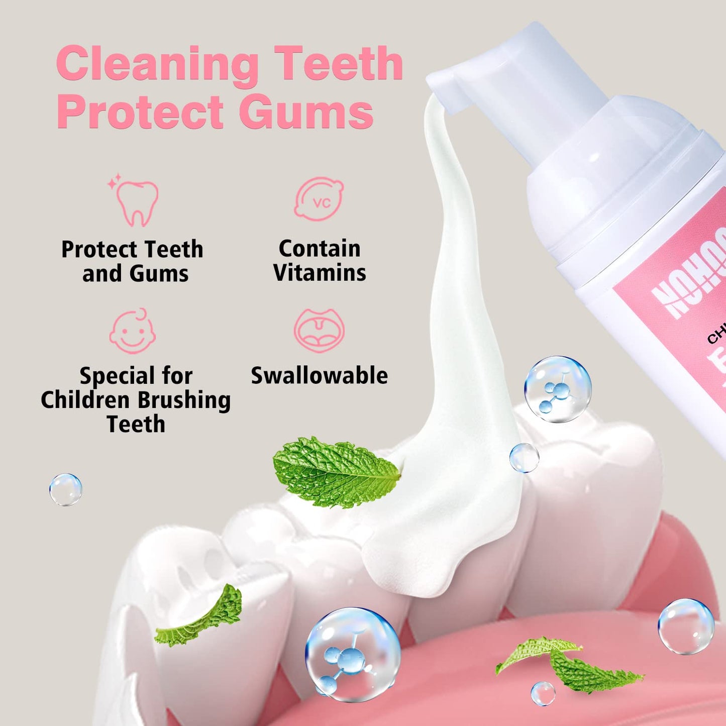 NOHOO Fluoride-Free Foam Toothpaste for Kids – Orange & Peach Fruit Flavour (60ml Pump)