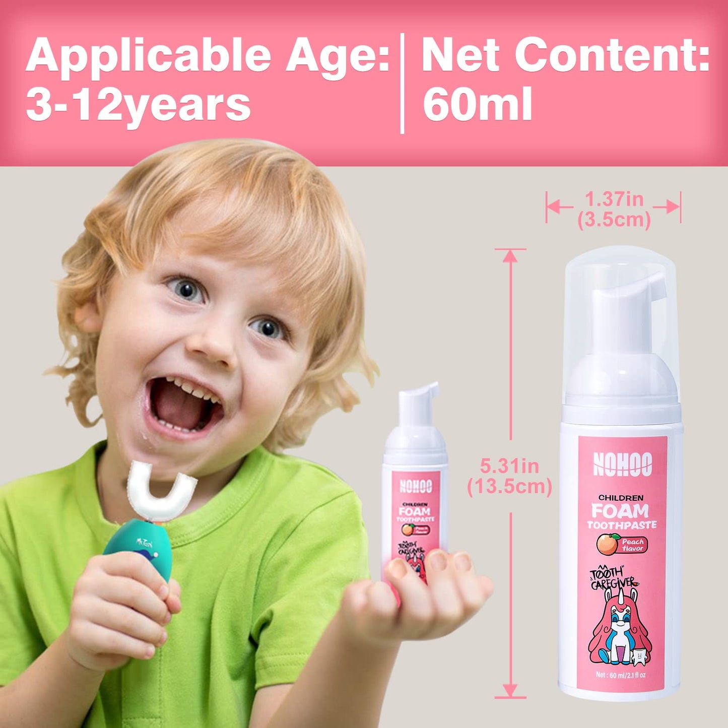 NOHOO Fluoride-Free Foam Toothpaste for Kids – Orange & Peach Fruit Flavour (60ml Pump)