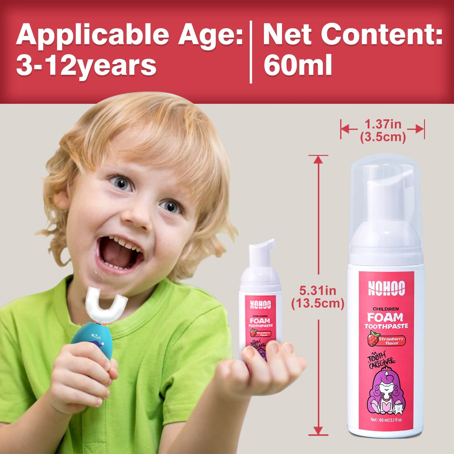 NOHOO Fluoride-Free Foam Toothpaste for Kids – Strawberry & Peach (60ml, 2 Strawberry + 2 Peach)