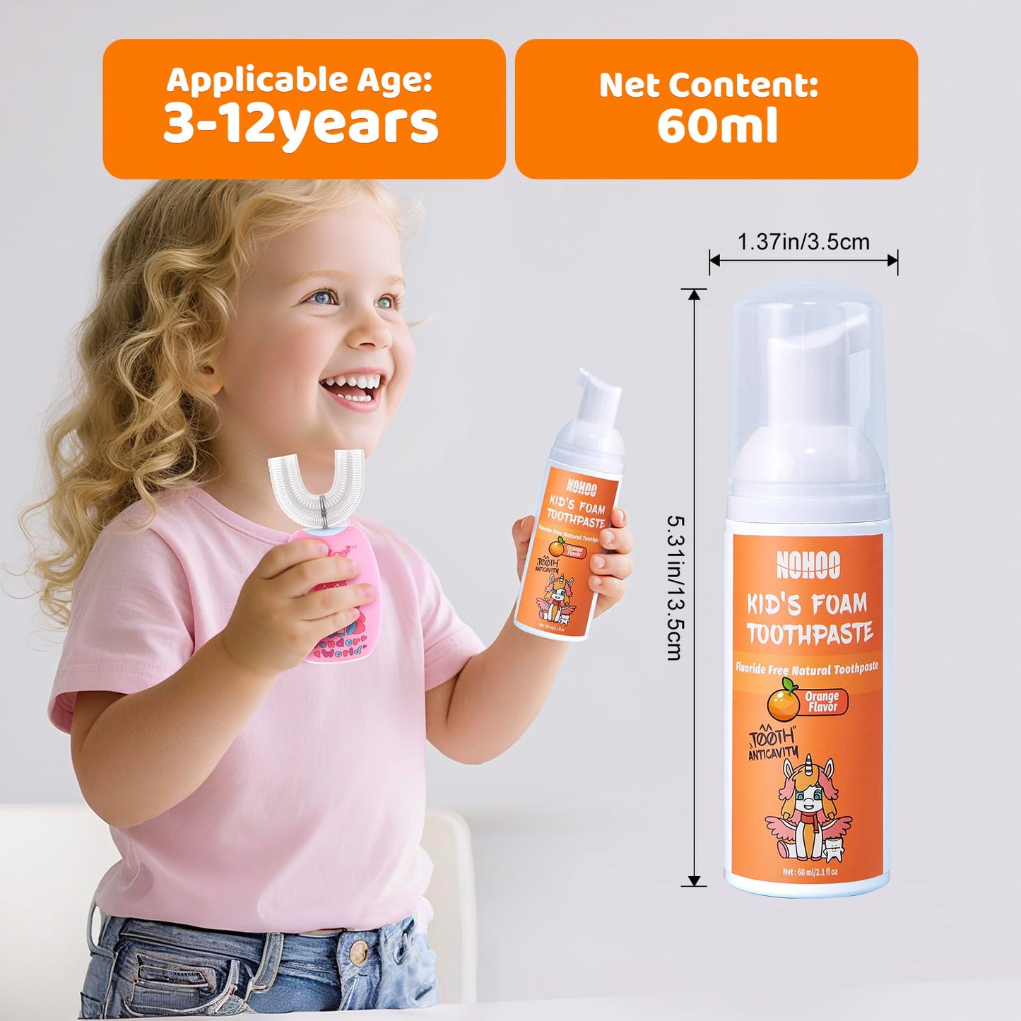 NOHOO Fluoride-Free Foam Toothpaste for Kids - Fruit Flavor (Orange & Watermelon) 60ml 4-Pack