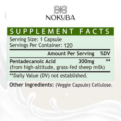 Nokuba Pentadecanoic Acid C15:0 300mg – High-Altitude Sheep Milk Sourced, 120 Capsules | USA Made