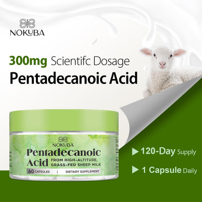 Nokuba Pentadecanoic Acid C15:0 300mg – High-Altitude Sheep Milk Sourced, 120 Capsules | USA Made