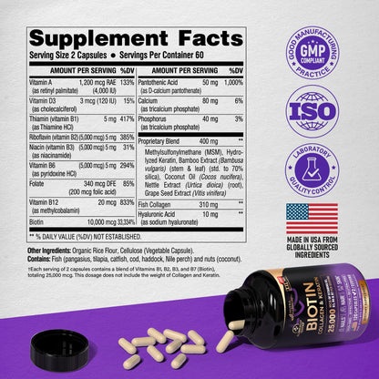 Nutraharmony Biotin + Collagen + Keratin with Hyaluronic Acid — Hair, Skin & Nails Support, 25,000 mcg Biotin, 120 Capsules, Made in USA
