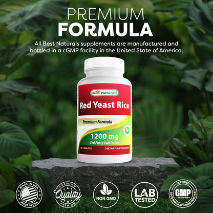 Best Naturals Red Yeast Rice 1200 mg – 60 Tablets (Citrinin Free) | Non-GMO & Gluten-Free