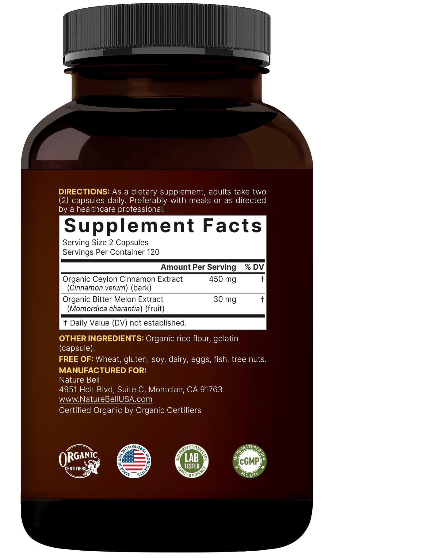 NatureBell Ceylon Cinnamon Per Serving - 240 Capsules | Organic Sri Lanka Cinnamon & Bitter Melon 2-in-1 Support | Non-GMO, Gluten-Free
