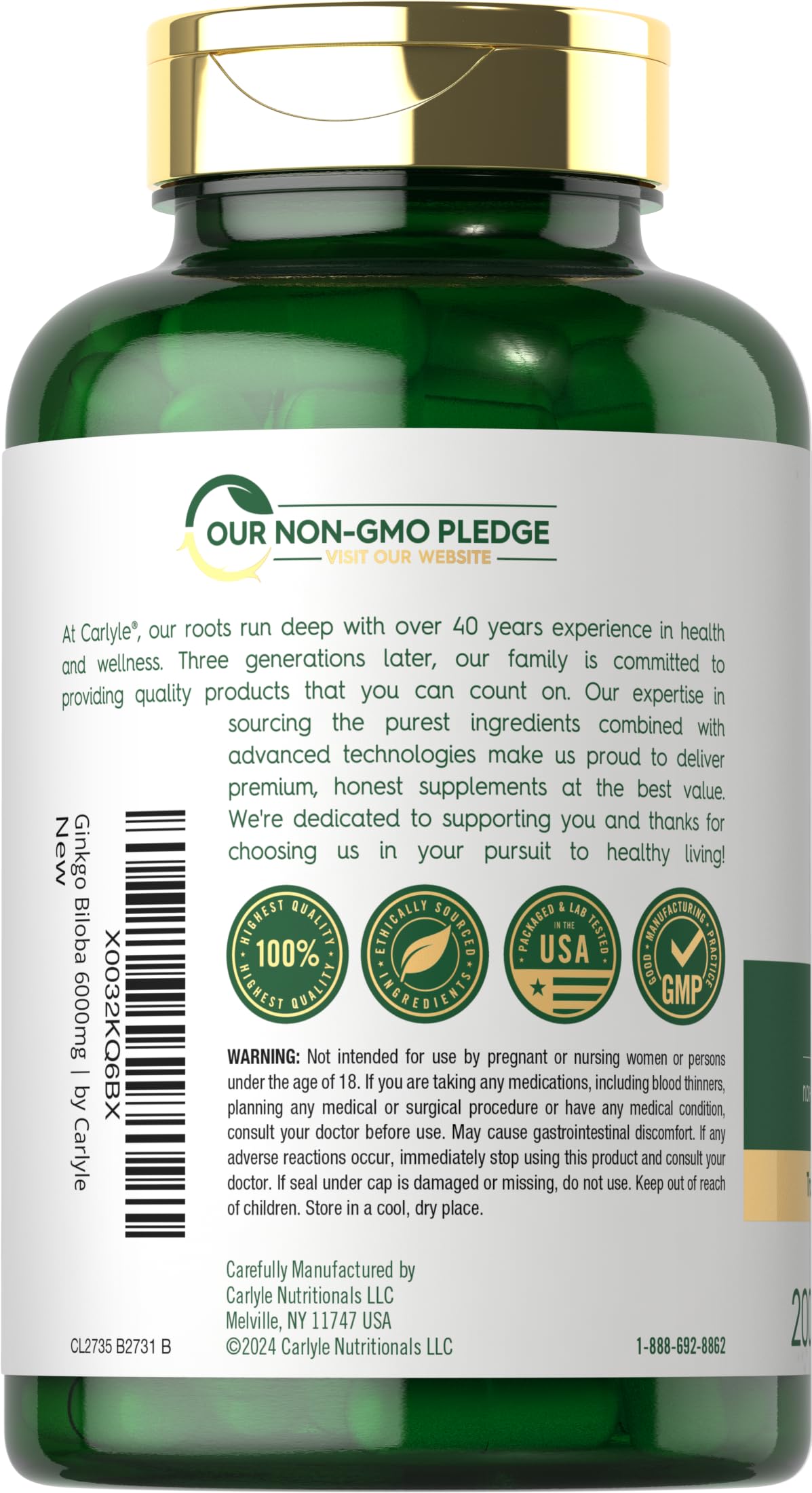 Carlyle Ginkgo Biloba Pills – 6000mg per Serving | 200 Capsules | Bacopa Extract | Extra Strength, Non-GMO & Gluten Free