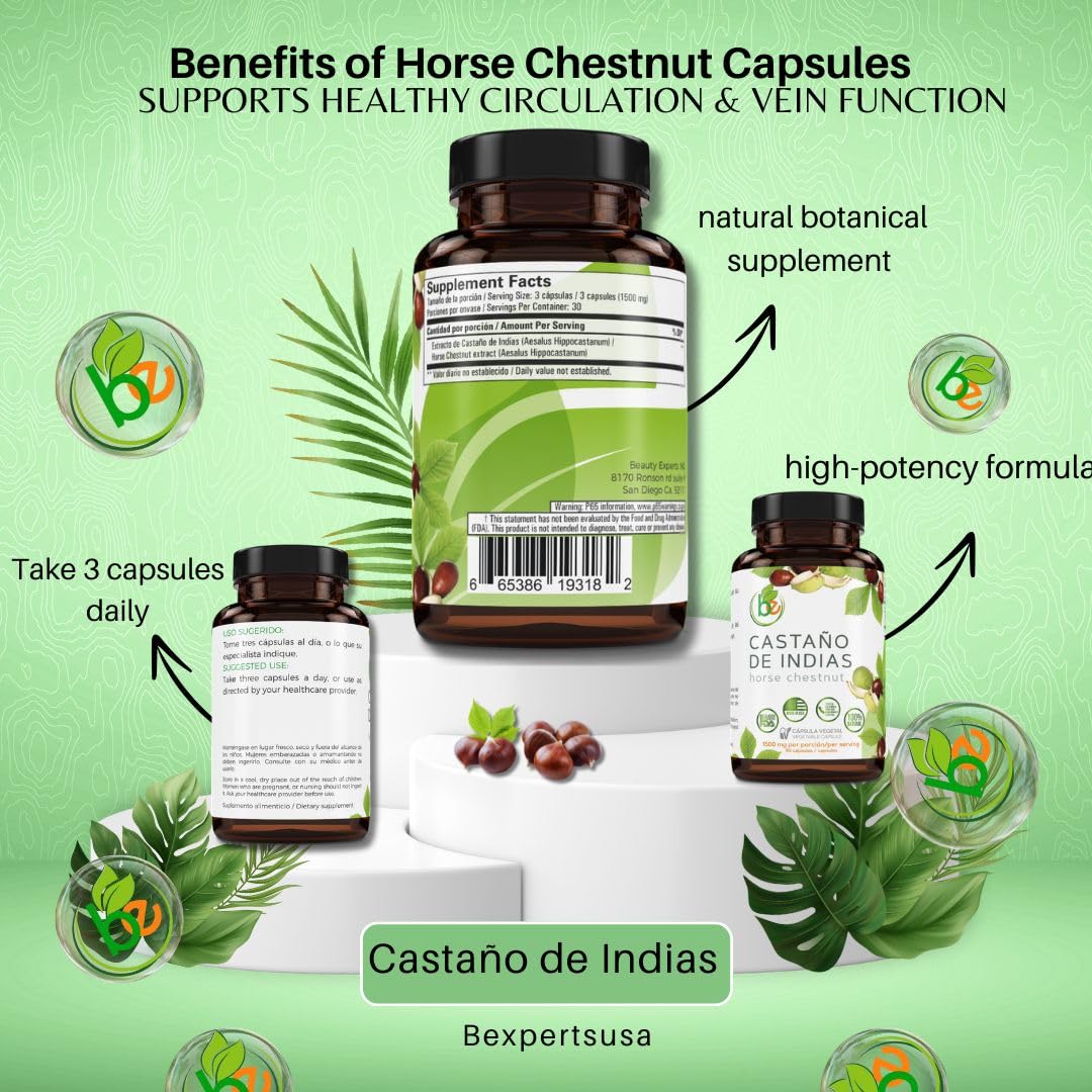 Horse Chestnut Capsules 1500 mg – 90 Veggie Caps | Vein & Circulation Support | Made in USA
