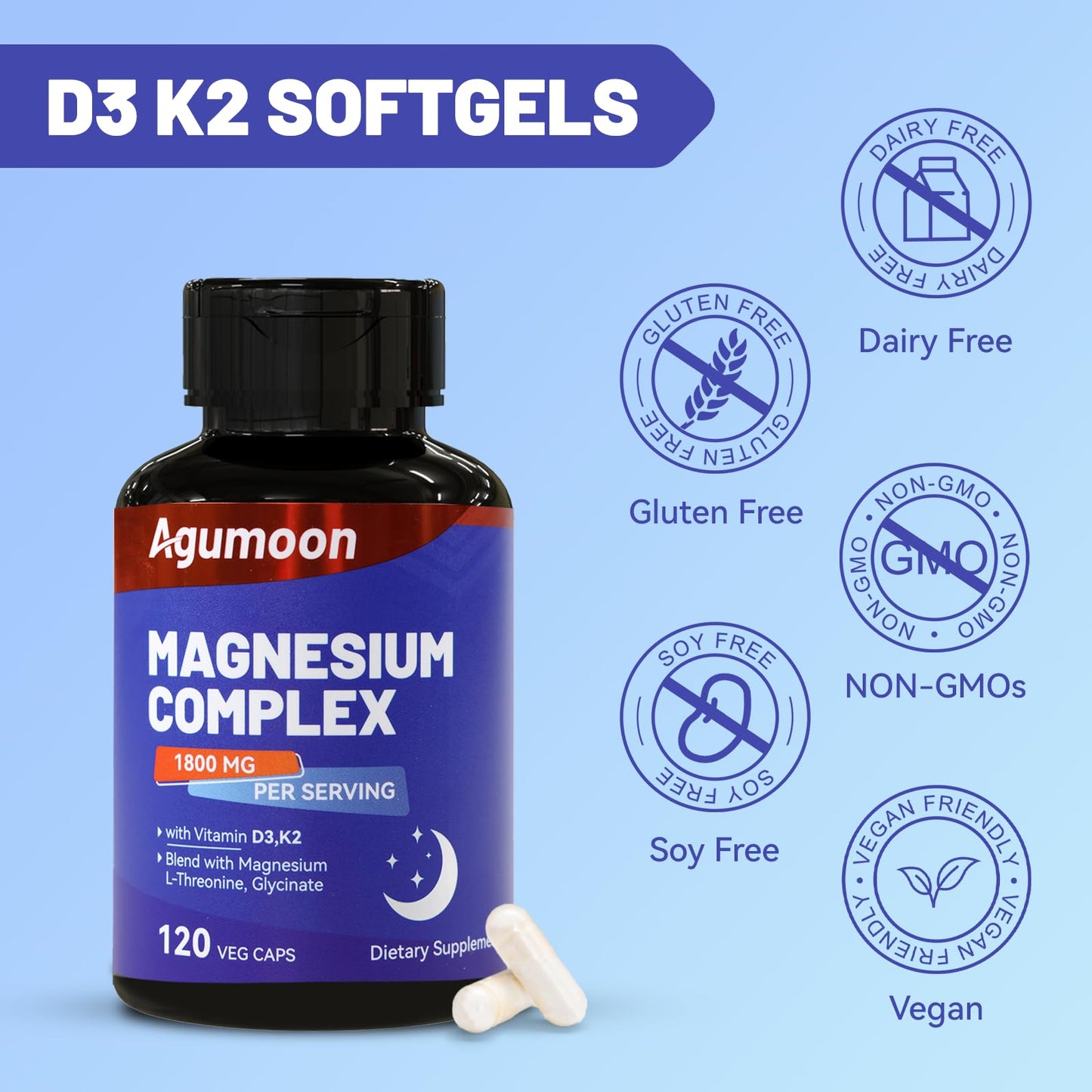 Magnesium Chelated Complex 1800mg with Vitamin D3 & K2 – L-Threonine & Glycinate, 120 Capsules